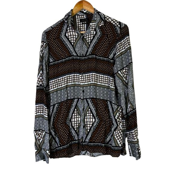 Zara Long Sleeve Button Down Shirt Me S Brown Geometric Abstract Retro Indie - Picture 2 of 5
